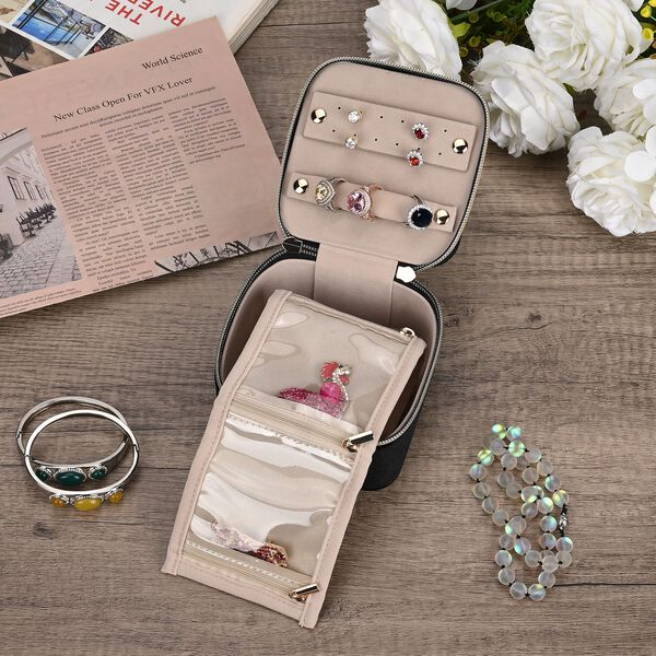 Samt-Schmuckbox mit 4 transparenten Schmuckbeuteln, 12x12x7 cm, Schwarz image number 2