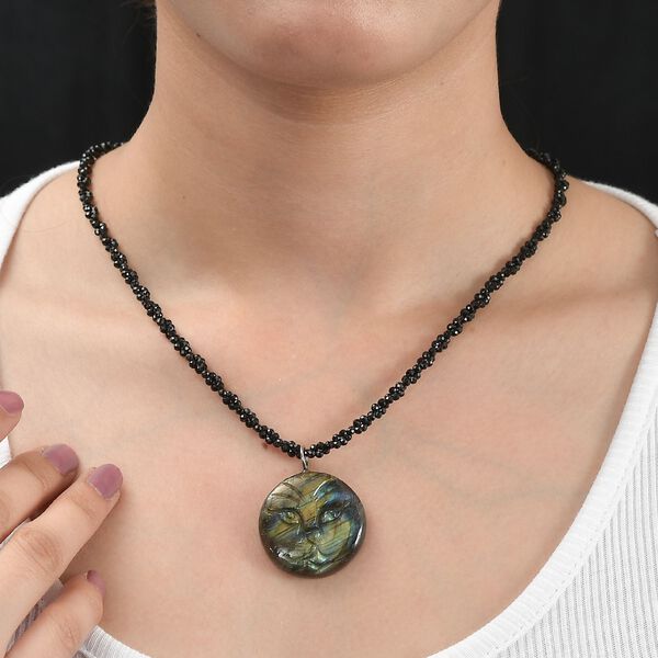 Labradorit und schwarze Spinell-Katze-Halskette, 50 cm - 115 ct. image number 4