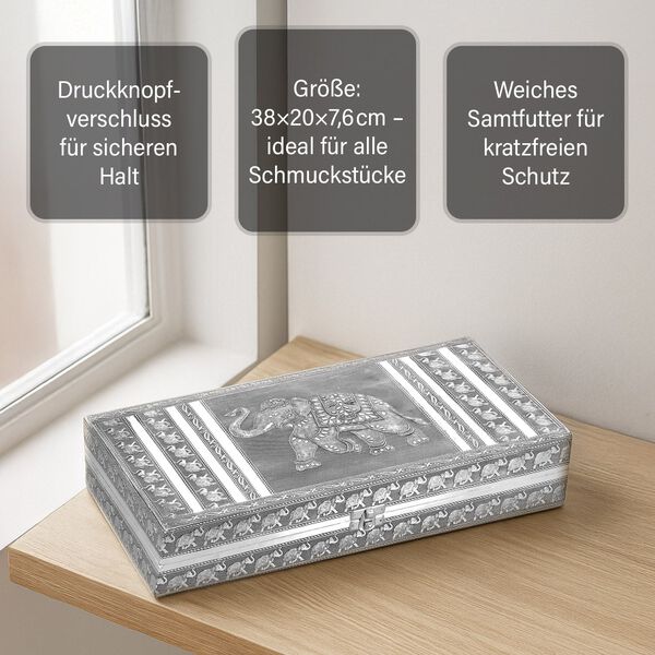 Handgefertigte, oxidierte Schmuckschatulle mit Elefanten-Prägung, 38x20x7,6 cm, Silber image number 4