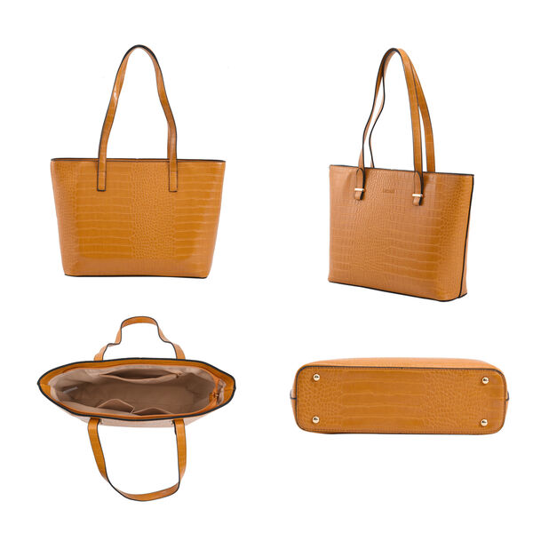 Passage - 4er-Set, Handtasche, Crossbody Tasche, Clutch und Brieftasche mit Kroko-Prägung, Blumenmuster, Senfgelb image number 3