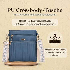 Crossbody-Tasche mit gemustertem Schulterriemen und vielen Fächern, 23×26 cm, Blau