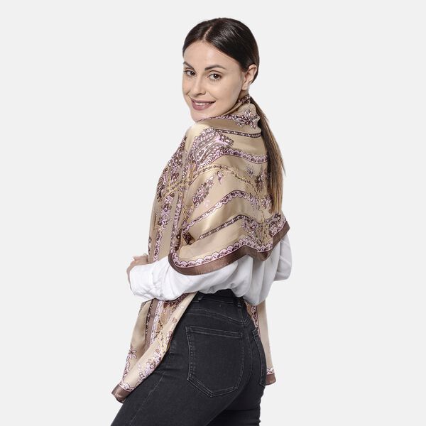 LA MAREY: Bedruckter Schal aus 100% Maulbeerseide, Schn&ouml;rkel-Blumenmuster, inkl. Geschenkbox, Braun-Rosa&nbsp; image number 2