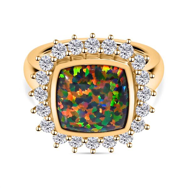 Lab Grown schwarzen Opal, Wei&szlig;er Zirkon Ring, 925 Silber Gelbgold Vermeil (Gr&ouml;&szlig;e 21.00) ca. 3.69 ct