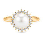 Weiße Süßwasser Perle, Weißer Zirkonia Ring Nickelfreies Messing, Goldfarben, Flexibles (Größe 17.00-19.00)