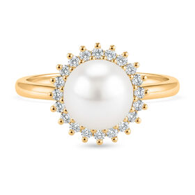 Weiße Süßwasser Perle, Weißer Zirkonia Ring Nickelfreies Messing, Goldfarben, Flexibles (Größe 17.00-19.00)