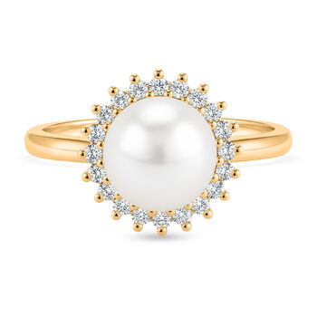 Wei&szlig;e S&uuml;&szlig;wasser Perle, Wei&szlig;er Zirkonia Ring Nickelfreies Messing, Goldfarben, Flexibles (Gr&ouml;&szlig;e 17.00-19.00)