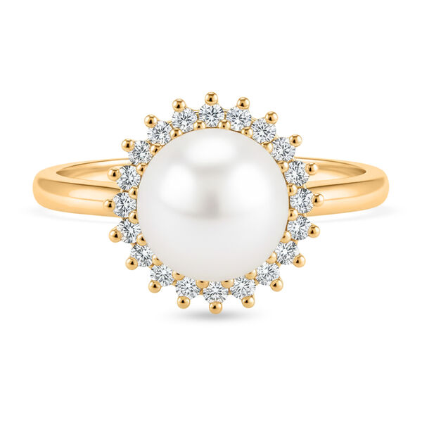 Wei&szlig;e S&uuml;&szlig;wasser Perle, Wei&szlig;er Zirkonia Ring Nickelfreies Messing, Goldfarben, Flexibles (Gr&ouml;&szlig;e 17.00-19.00)