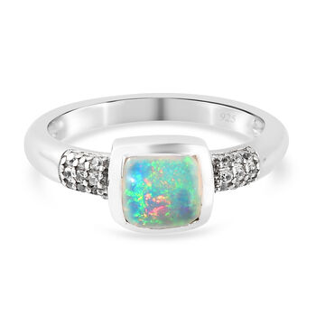 Nat&uuml;rlicher, &auml;thiopischer Opal und Zirkon-Ring, 925 Silber platiniert (Gr&ouml;&szlig;e 16.00) ca. 0,79 ct
