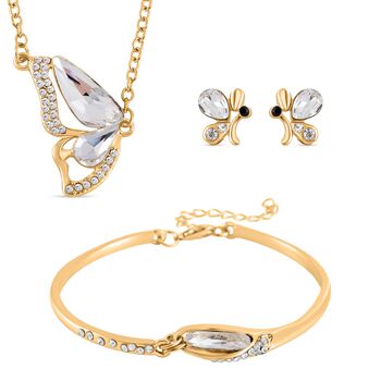 3er Set - Wei&szlig;er Kristall, Schwarzer Kristall Schmetterling Halskette (ca. 50 cm + 5 cm Extender), Armband (ca. 19 cm + 5 cm Extender) und Ohrringe