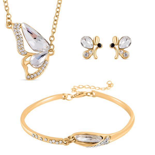 3er Set - Wei&szlig;er Kristall, Schwarzer Kristall Schmetterling Halskette (ca. 50 cm + 5 cm Extender), Armband (ca. 19 cm + 5 cm Extender) und Ohrringe