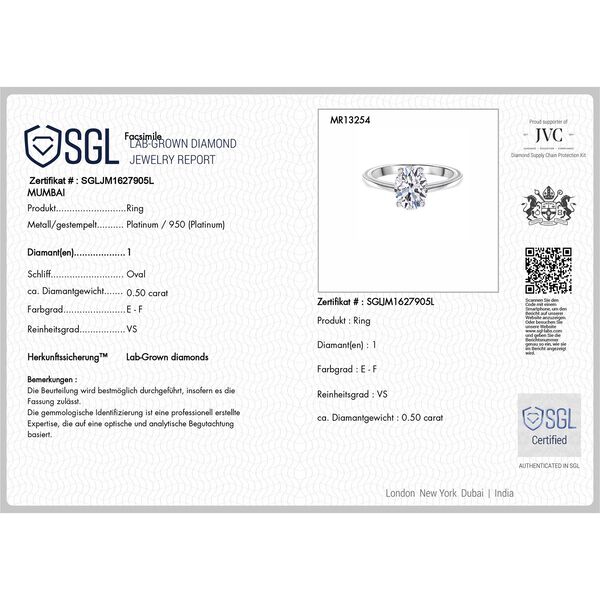 LUXURIANT SGL zertifizierter VS-EF Labor Ovalschliff Diamant Ring in 950 Platin - 0,50 ct. image number 5