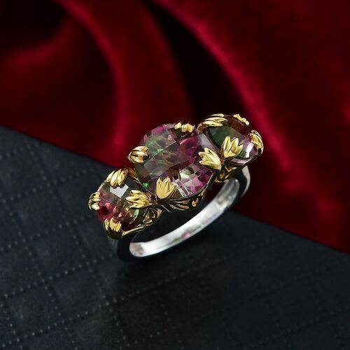 Lotus Trilogy - D joy Wassermelonen Quarz Triplette Ring, 925 Silber platiniert und vergoldet (Größe 16.00) ca. 6,96 ct image number 1