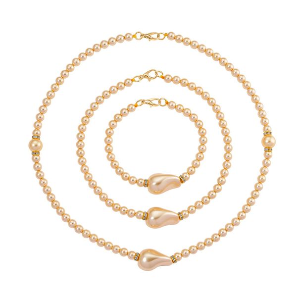 3er Set Goldene Muschelkernperlen-Schmuckstücke, bestehend aus Armband (ca. 19 cm) und zwei Halsketten (ca. 40 cm und 50 cm), gelb vergoldet image number 0