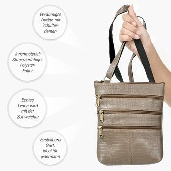 Echtleder Crossbody Tasche mit Kroko-Pr&auml;gung, Taupe