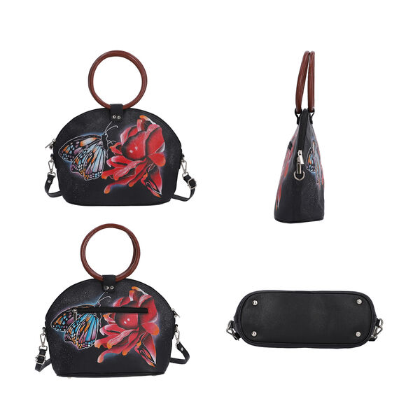 SUKRITI, Handbemalte 100% Leder Tasche mit Maulbeerseiden Schal, Schmetterling Muster, Schwarz image number 5