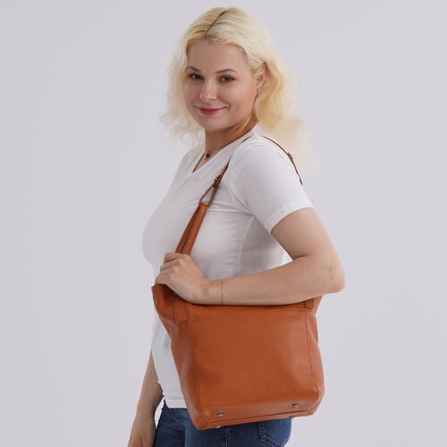 Echtleder-Tote-Bag mit Magnetverschluss-Außentasche und geräumigem Innenfach, 34x14x29 cm, Naturbraun image number 1
