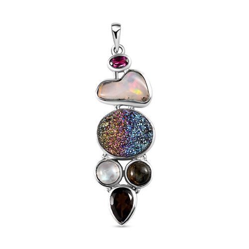 Regenbogen-Drusen Quarz und natürlicher, äthiopischer Welo Opal Anhänger, 925 Silber platiniert ca. 9,77 ct image number 0