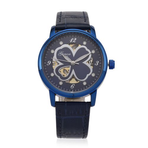 GENOA TIME V2 Automatikuhr mit Automatikwerk, Zifferblatt mit Blumenmuster und Moissaniten, blaues Lederarmband, 36 mm, ca. 0,08 ct. image number 0