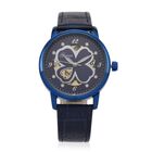 GENOA TIME V2 Automatikuhr mit Automatikwerk, Zifferblatt mit Blumenmuster und Moissaniten, blaues Lederarmband, 36 mm, ca. 0,08 ct.