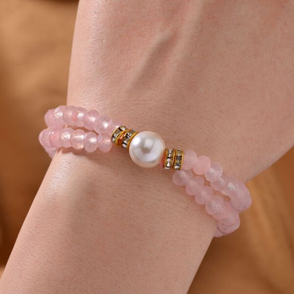 Muschelkernperle-Armband mit Rosenquarz und Weißem Kristall, flexibel, vergoldet image number 2