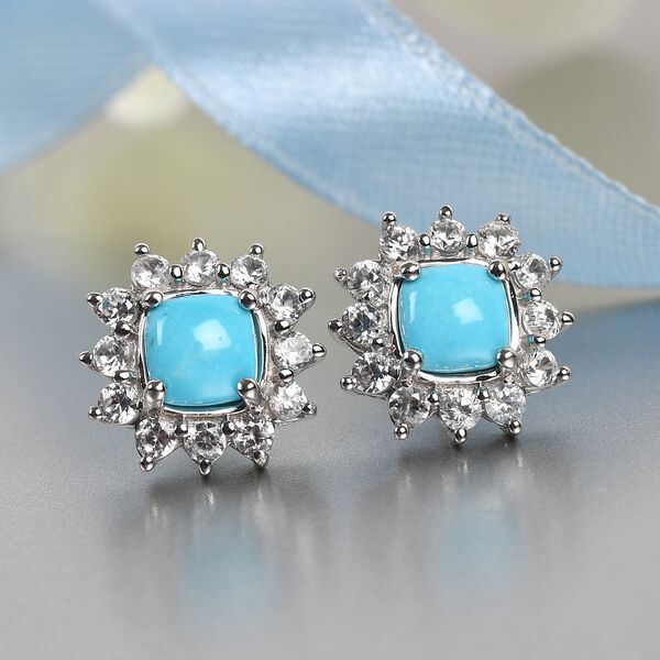 Natürliche Sleeping Beauty Türkis und Zirkon Halo Ohrstecker in Silber, 2,85 ct. image number 2