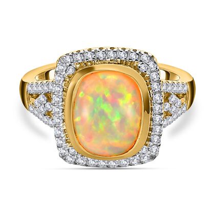 Nat&uuml;rlicher, &auml;thiopischer Welo Opal, wei&szlig;er Zirkon Ring, 925 Silber vergoldet (Gr&ouml;&szlig;e 19.00), ca. 3.78 ct