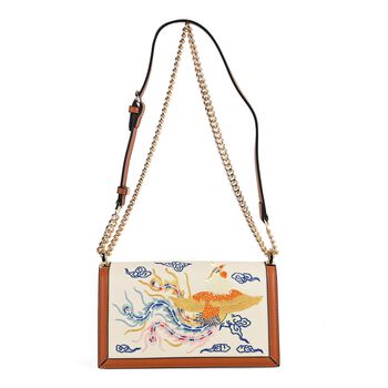 GRAND PELLE Umh&auml;ngetasche aus echtem Leder, Ph&ouml;nixstickerei, mit Kettenriemen, 22,5&times;9&times;13 cm, Braun