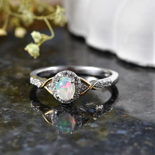 D'Joy AA Nat&uuml;rlicher, &auml;thiopischer Welo Opal, Wei&szlig;er Zirkon Ring 925 Silber Platiniert und vergoldet (Gr&ouml;&szlig;e 17.00) ca. 0,48 ct image number 2