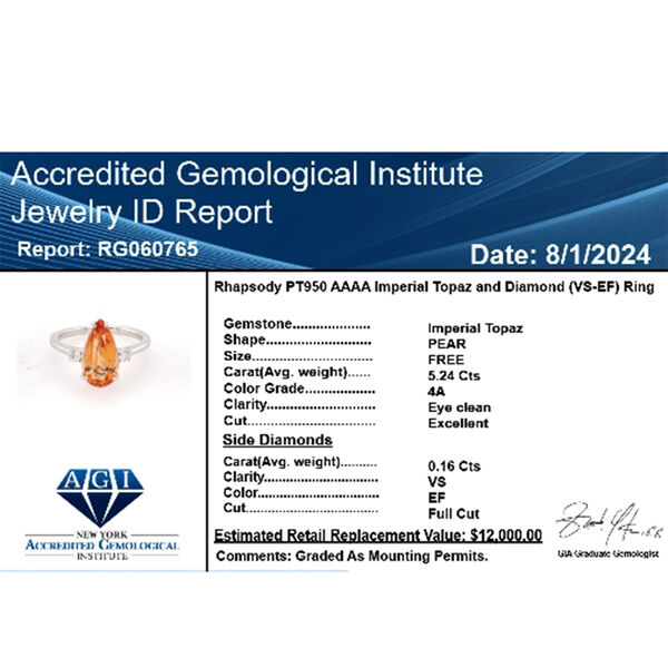 RHAPSODY zertifiziert und gepr&uuml;ft AAAA kaiserlicher Topas und VS-EF Diamant Ring in 950 Platin - 5,40 ct. image number 7