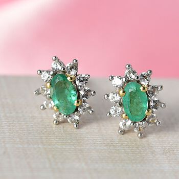 AA Kagem Sambischer Smaragd, Wei&szlig;er Zirkon Ohrringe 925 Silber 750 Gelb Vergoldet ca. 0.87 ct