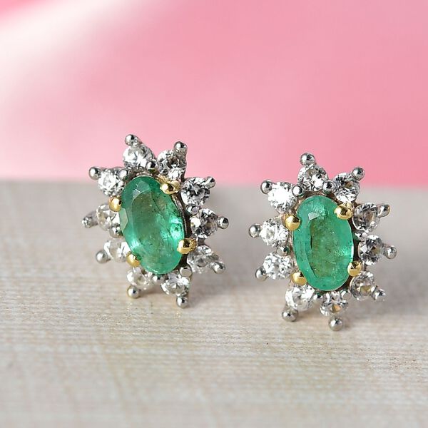 AA Kagem Sambischer Smaragd, Weißer Zirkon Ohrringe 925 Silber 750 Gelb Vergoldet ca. 0.87 ct image number 2