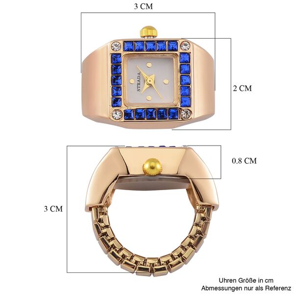 STRADA - Ringuhr mit blauem Kristall und Weißkristall, Japanischem Uhrwerk, 7.5 cm, Reiner Edelstahl, vergoldet image number 5