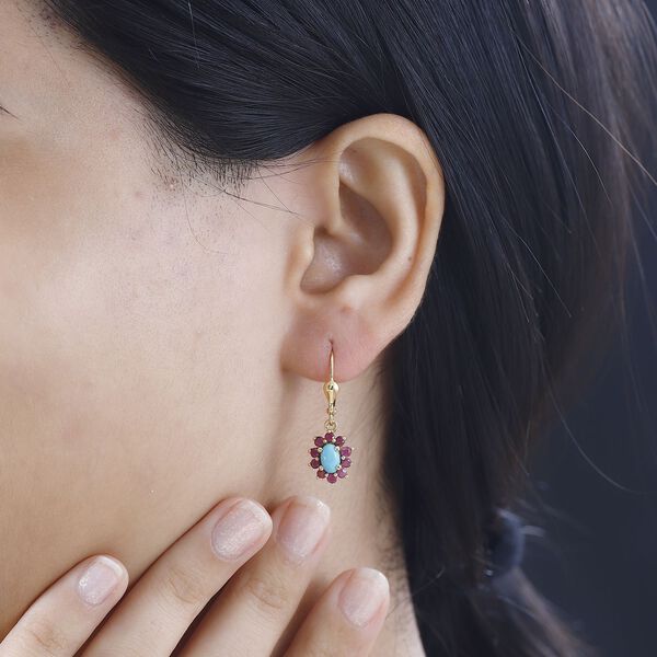 AA Sleeping Beauty T&uuml;rkis, Afrikanischer Rubin (Fissure gef&uuml;llt) Ohrringe 925 Silber 750 Gelbgold Vermeil ca. 1.93 ct image number 3