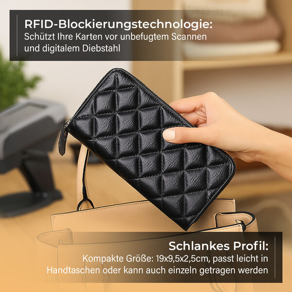Brieftasche aus echtem Leder mit RFID-Schutz in Stepp-Optik, 19x2,5x9,5cm, Schwarz image number 3