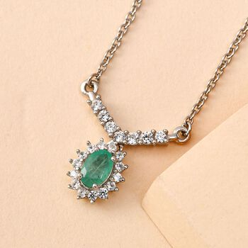 Kagem sambisches Smaragd und wei&szlig;es Zirkon-Collier, ca. 45 cm, 925 Silber platiniert ca. 0,73 ct