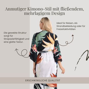 Kimono mit G&uuml;rtel, tropischem Bl&auml;ttermuster, 128&times;78 cm, Schwarz