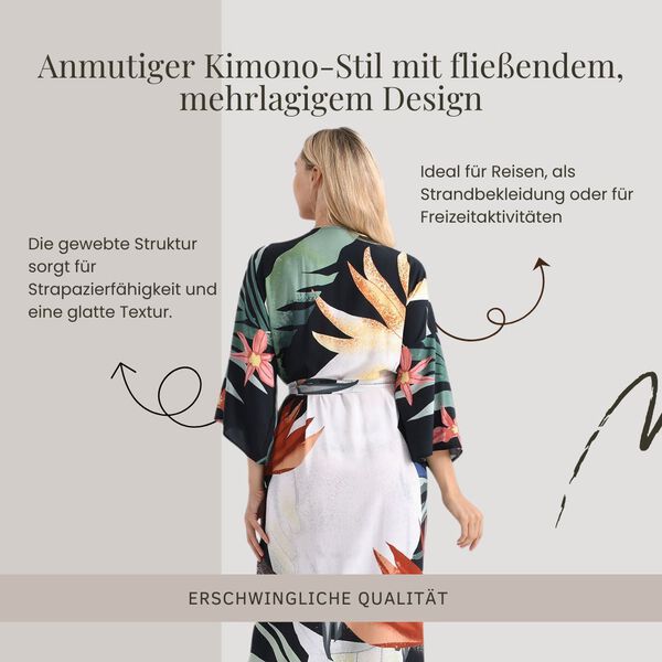 Kimono mit G&uuml;rtel, tropischem Bl&auml;ttermuster, 128&times;78 cm, Schwarz image number 4