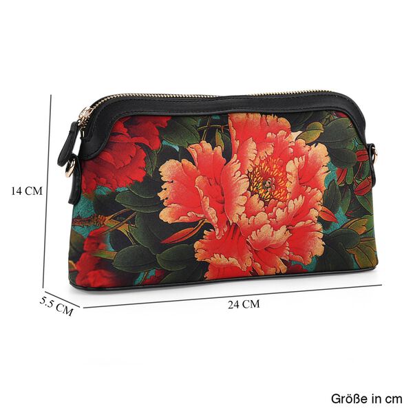 LA MAREY Crossbody Tasche aus 80% Seidenbrokat und 20% Echtleder, Blumenmuster, 24x5.5x14cm, Schwarz-rot image number 8