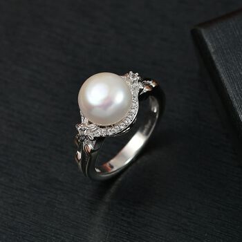 S&uuml;&szlig;wasser Perle (9.5-10 mm), Wei&szlig;er Zirkon Ring, Messing (Gr&ouml;&szlig;e 17.00)