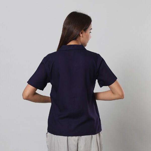 Einfarbiger Knopfleiste Kurzarm Top, Gr&ouml;&szlig;e M, Dunkelblau image number 3