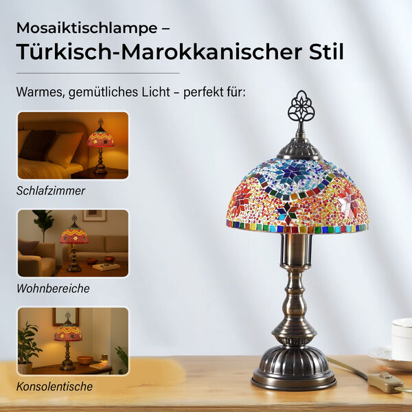 T&uuml;rkische Mosaik-Tischlampe &ndash; Marokkanischer Stil, 17&times;28 cm, Handgefertigt, Mehrfarbig image number 2