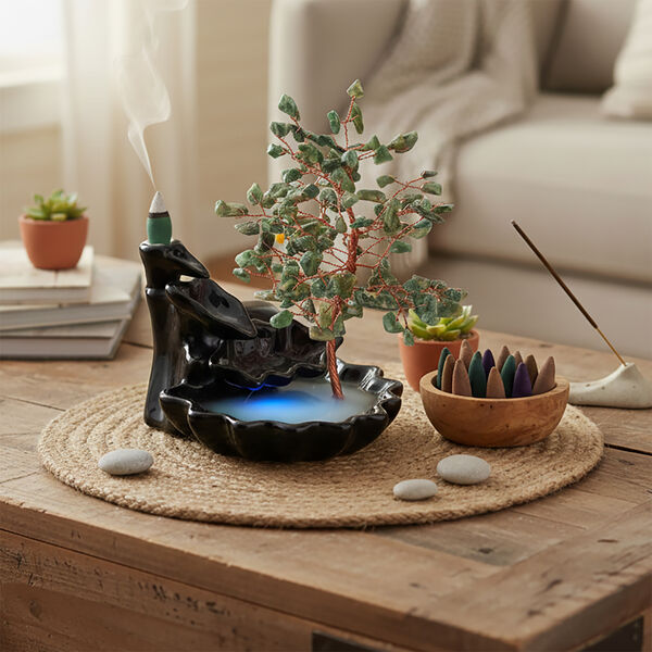 "Green Aventurine Backflow Incense Burner With  Crystal Tree Back Flow Incense Holder With 30 Incense Cones Size:- 18 X 10 X 20 Cms Color- Green " image number 2