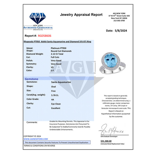 Chairman's Vault Collection - zertifiziert und geprüft RHAPSODY AAAA Santamaria Aquamarin und VS-EF Diamant Ring in 950 Platin - 7,90 ct. image number 7