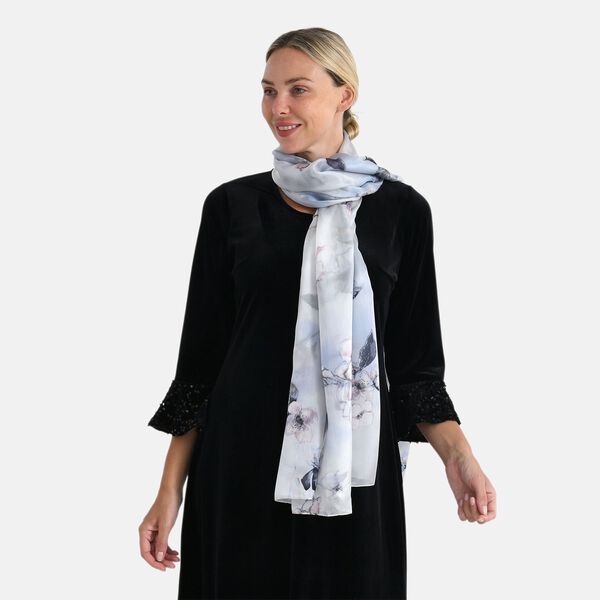 LA MAREY Signature Seidenschal aus 100% Maulbeerseide, 110 x 195 cm, Blau Grau Floral image number 4