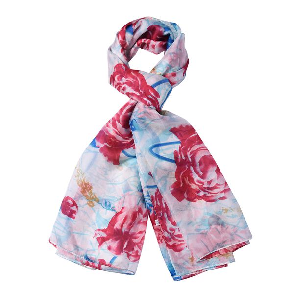 LA MAREY: Bedruckter Schal aus 100% Maulbeerseide, Blumenmuster, inkl. Geschenkbox, Wei&szlig;-Rot-Blau&nbsp; image number 3