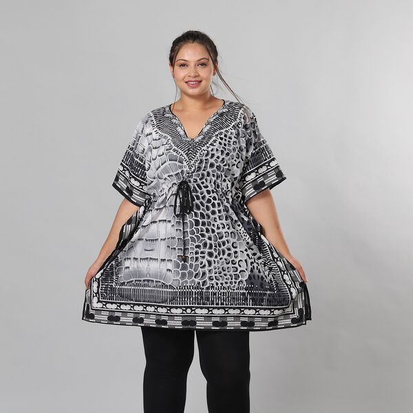 V-Ausschnitt bedruckter Kaftan, Einheitsgr&ouml;&szlig;e Schwarz und Wei&szlig; image number 2