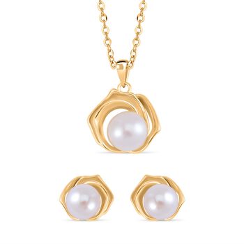 2er Set - Wei&szlig;e S&uuml;&szlig;wasser Perlen-Anh&auml;nger und Ohrringe mit goldener Wellenform, 925 Silber vergoldet