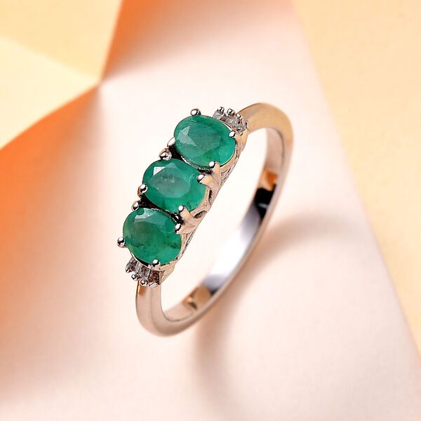 Sambischer Smaragd und Diamant 3 Stein Ring 925 Silber Platin-Überzug image number 2