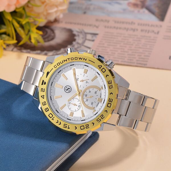 STRADA - Japanisches Uhrwerk mit rotierbarem Skalenring und Edelstahl-Gold-Plattierung, bicolor, Wei&szlig; und Gelb image number 1