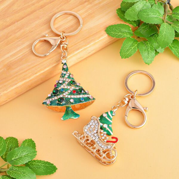 2er-Set - mehrfarbiger Kristall-Weihnachtsbaum und Weihnachtsgeschenke-Schlitten-Schlüsselanhänger image number 2